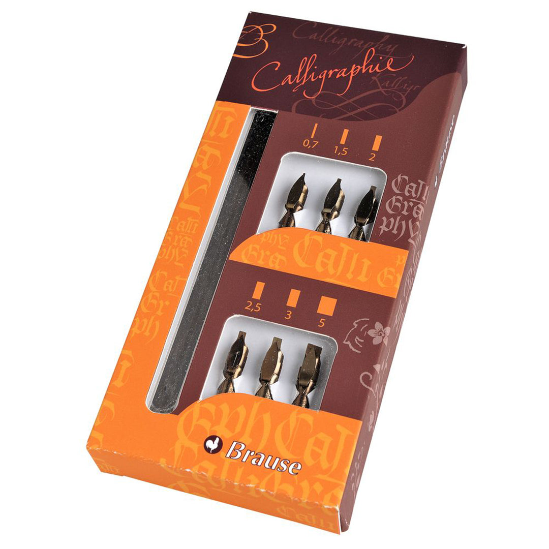 Brause 6 Calligraphy Nibs & 1 Nib Holder Set