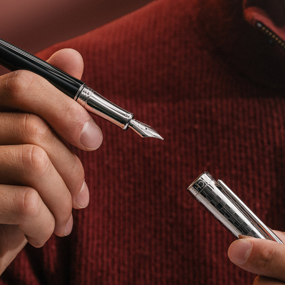 Caran d'Ache Leman Fountain Pen Damier Silver Plated with Leather Case