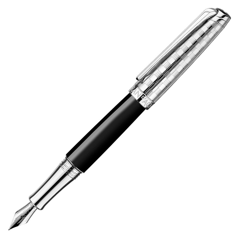 Caran d'Ache Leman Fountain Pen Damier Silver Plated with Leather Case
