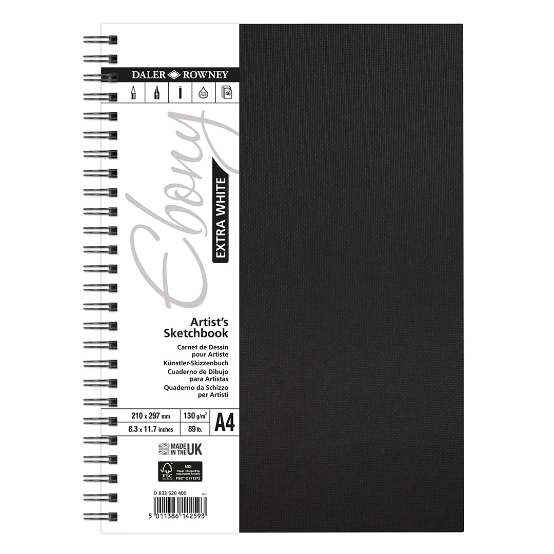 Daler-Rowney Ebony Extra White Wirebound Sketchbook 130G A4 Portrait 46 Sheets