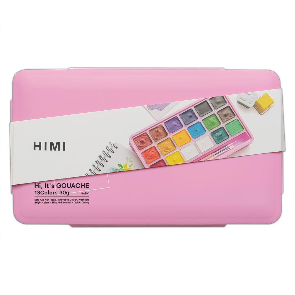 HIMI Jelly Cup Gouache Set of 18 Colours + 3 Brushes Pink Case