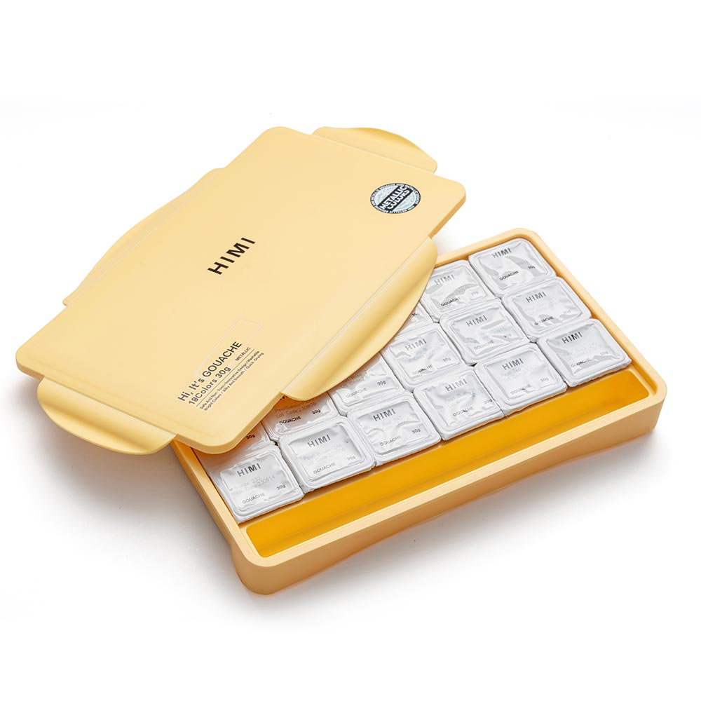 HIMI Jelly Cup Gouache Set of 18 Colours Yellow Case Metallic Edition
