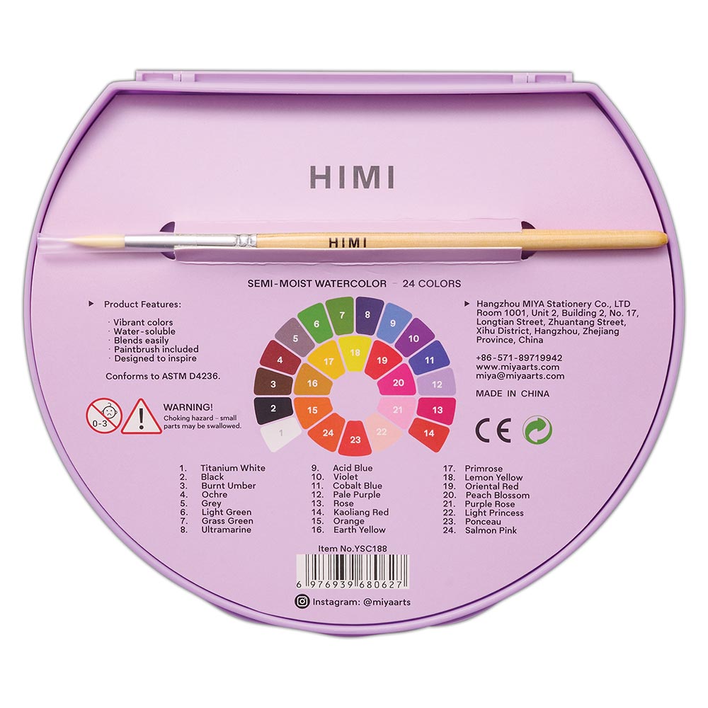 HIMI Semi-Moist Watercolour Set of 24 Pans + Brush Purple Case