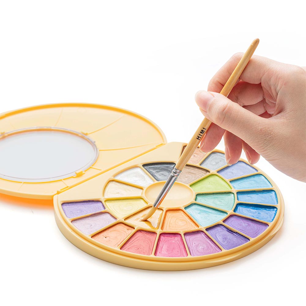 HIMI Semi-Moist Watercolour Set of 24 Pans + Brush Yellow Case Metallic Edition