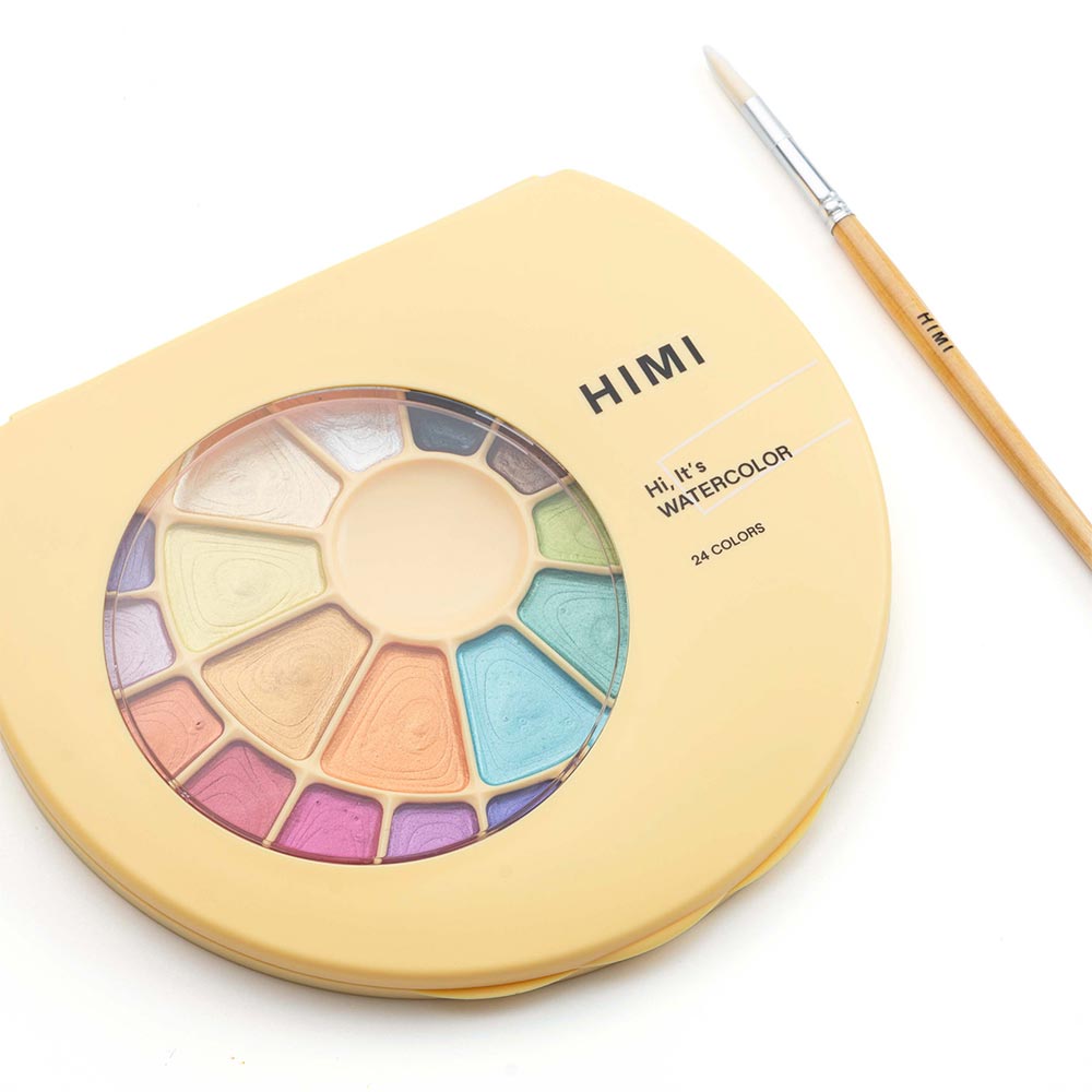 HIMI Semi-Moist Watercolour Set of 24 Pans + Brush Yellow Case Metallic Edition