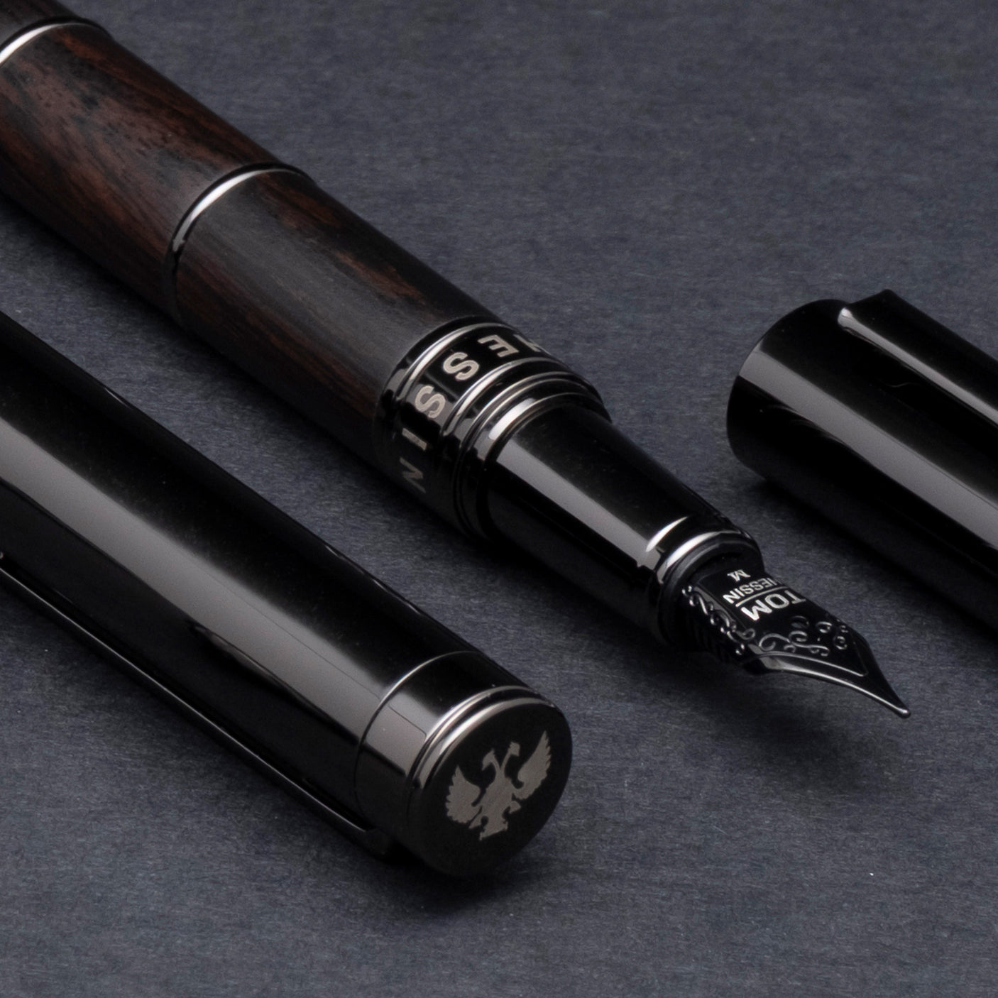 Tom Hessin Revolution Fountain Pen Charcoal Black Wood Barrel with Gunmetal Trim