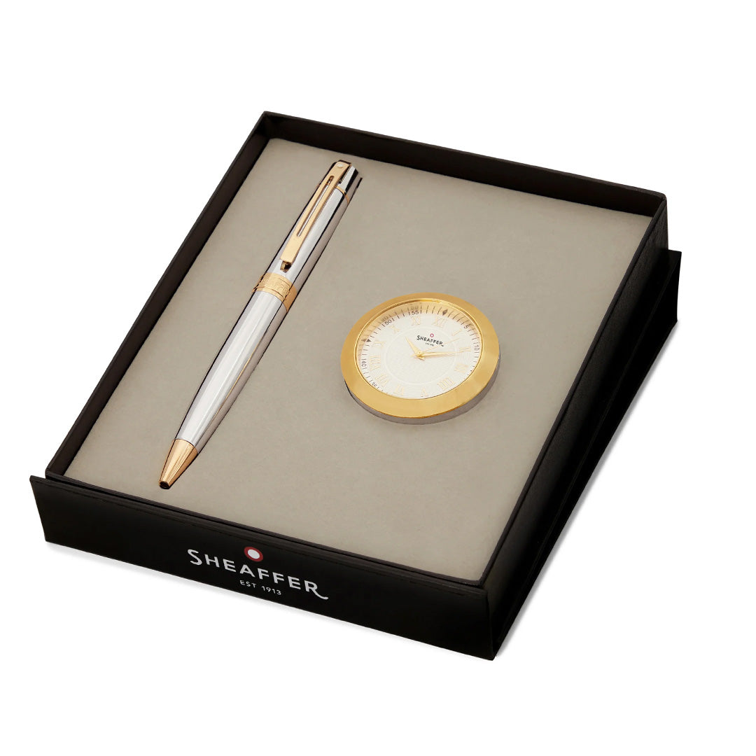 Sheaffer 300 G9342 Ballpoint Pen Bright Chrome With Gold Tone Trim With Gold Plated Table Clock