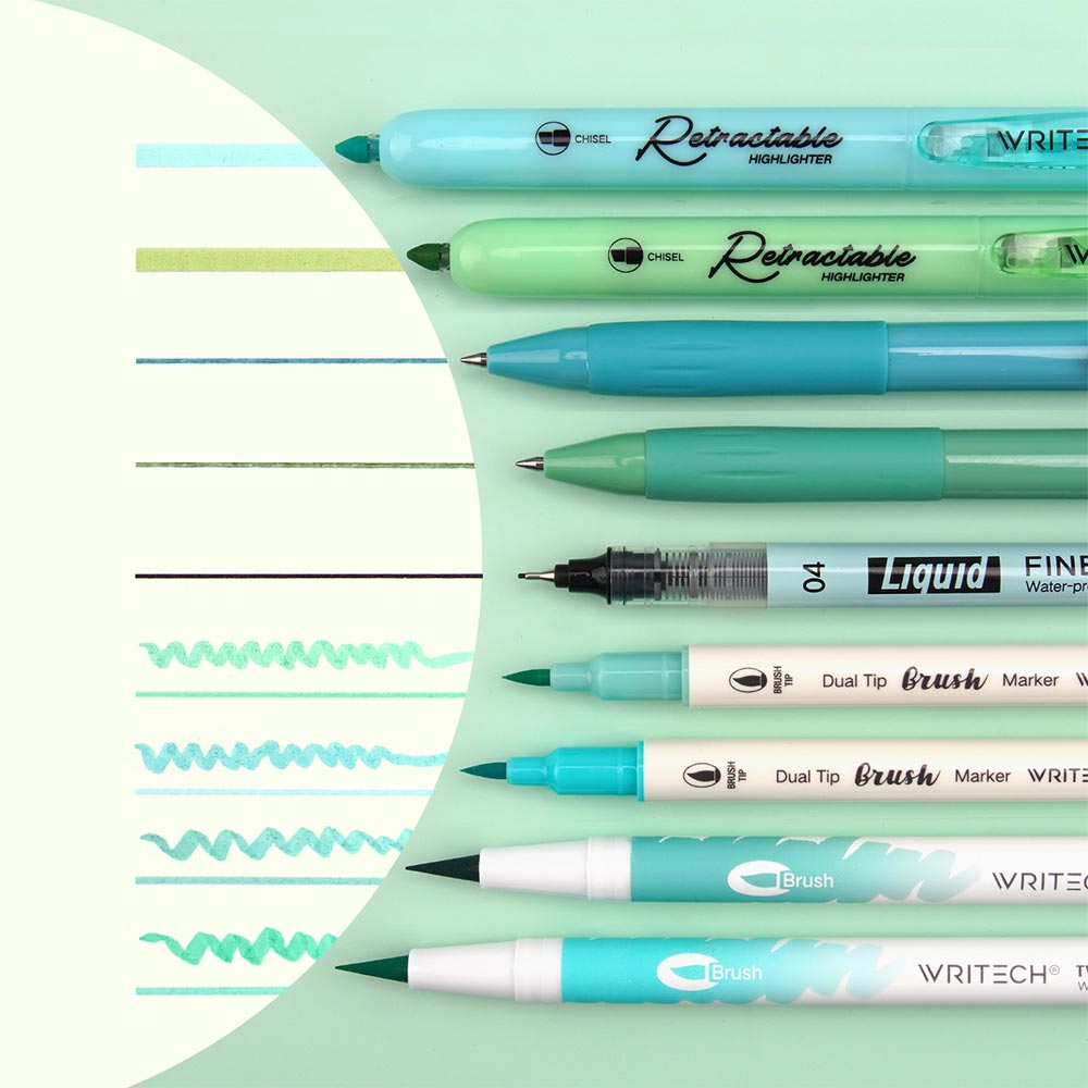 WRITECH 9 Piece Journal Kit with Pencil Case Blue and Green