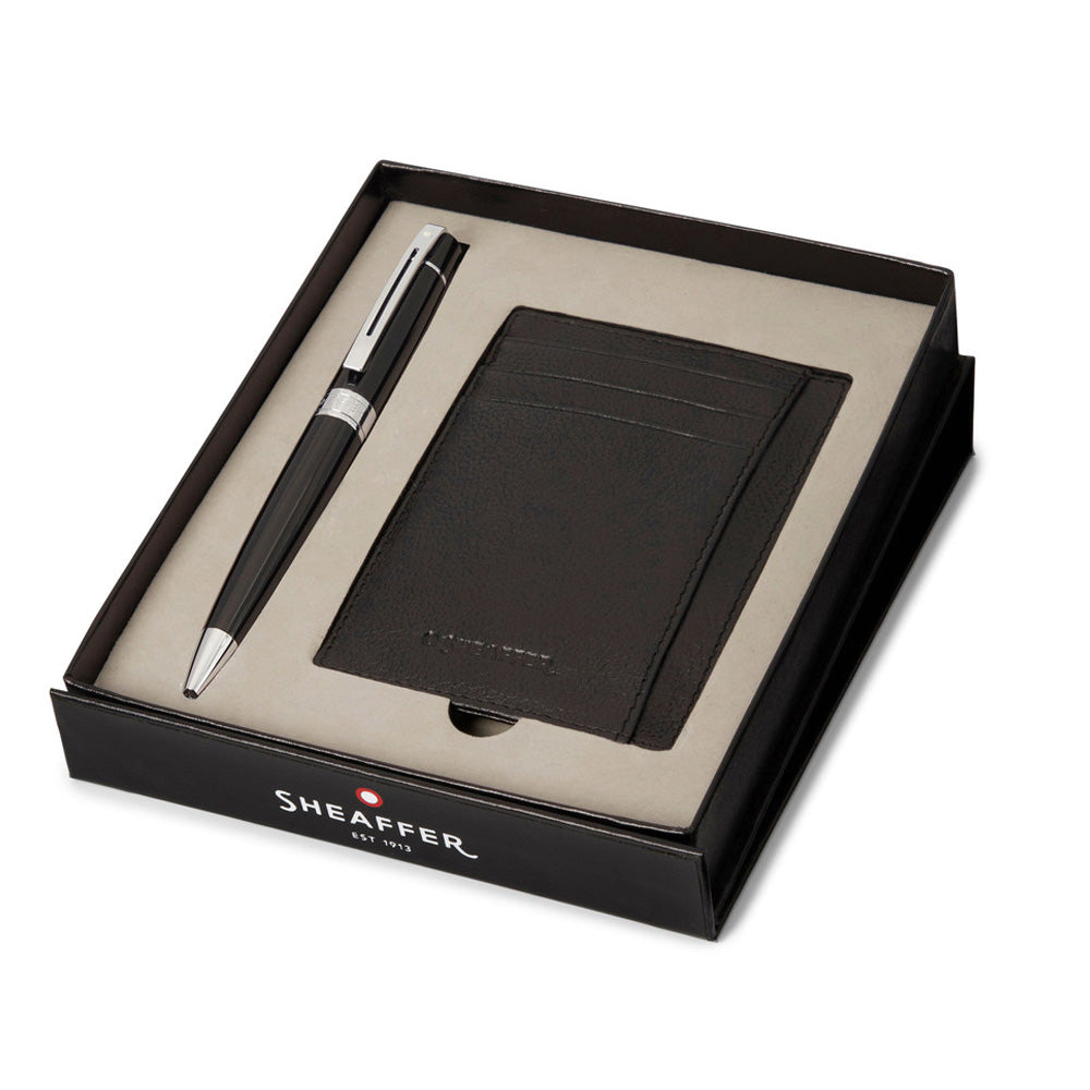 Sheaffer 300 G9312 Ballpoint Pen Glossy Black with Chrome Trim and Credit Card Holder Set by Sheaffer at Cult Pens