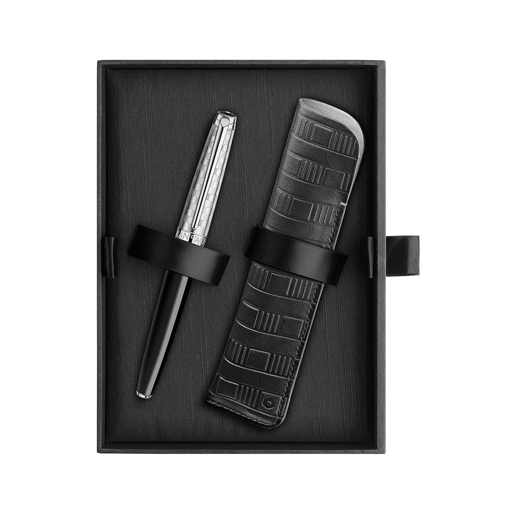 Caran d'Ache Leman Fountain Pen Damier Silver Plated with Leather Case