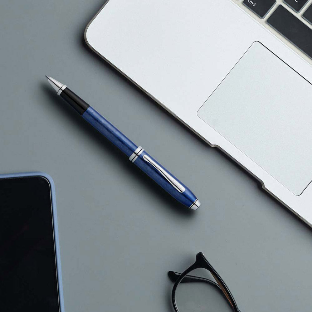 Cross Townsend Polished Translucent Cobalt Blue Engraved Diamond Pattern Rollerball Pen