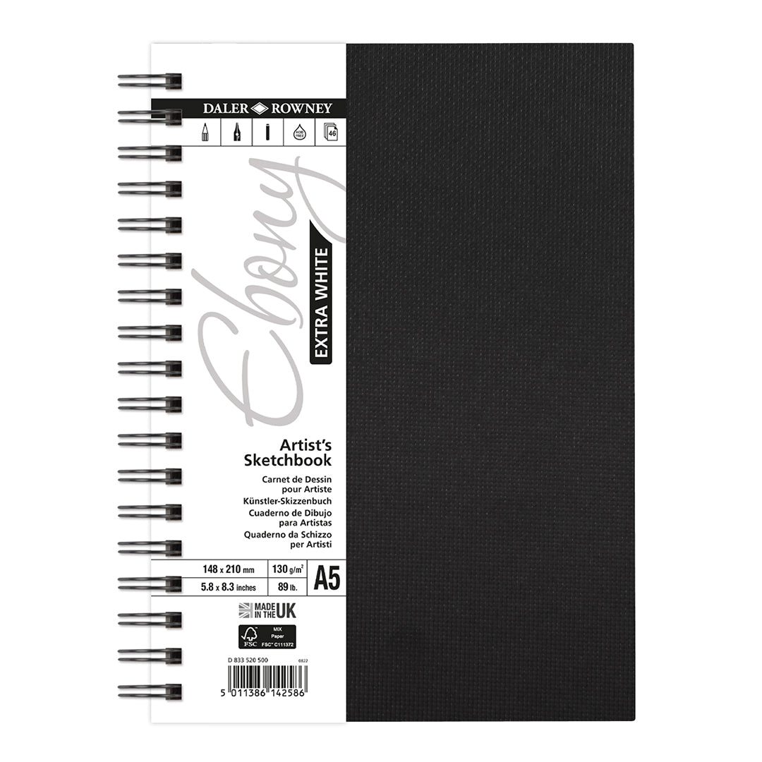 Daler-Rowney Ebony Extra White Wirebound Sketchbook 130G A5 Portrait 46 Sheets