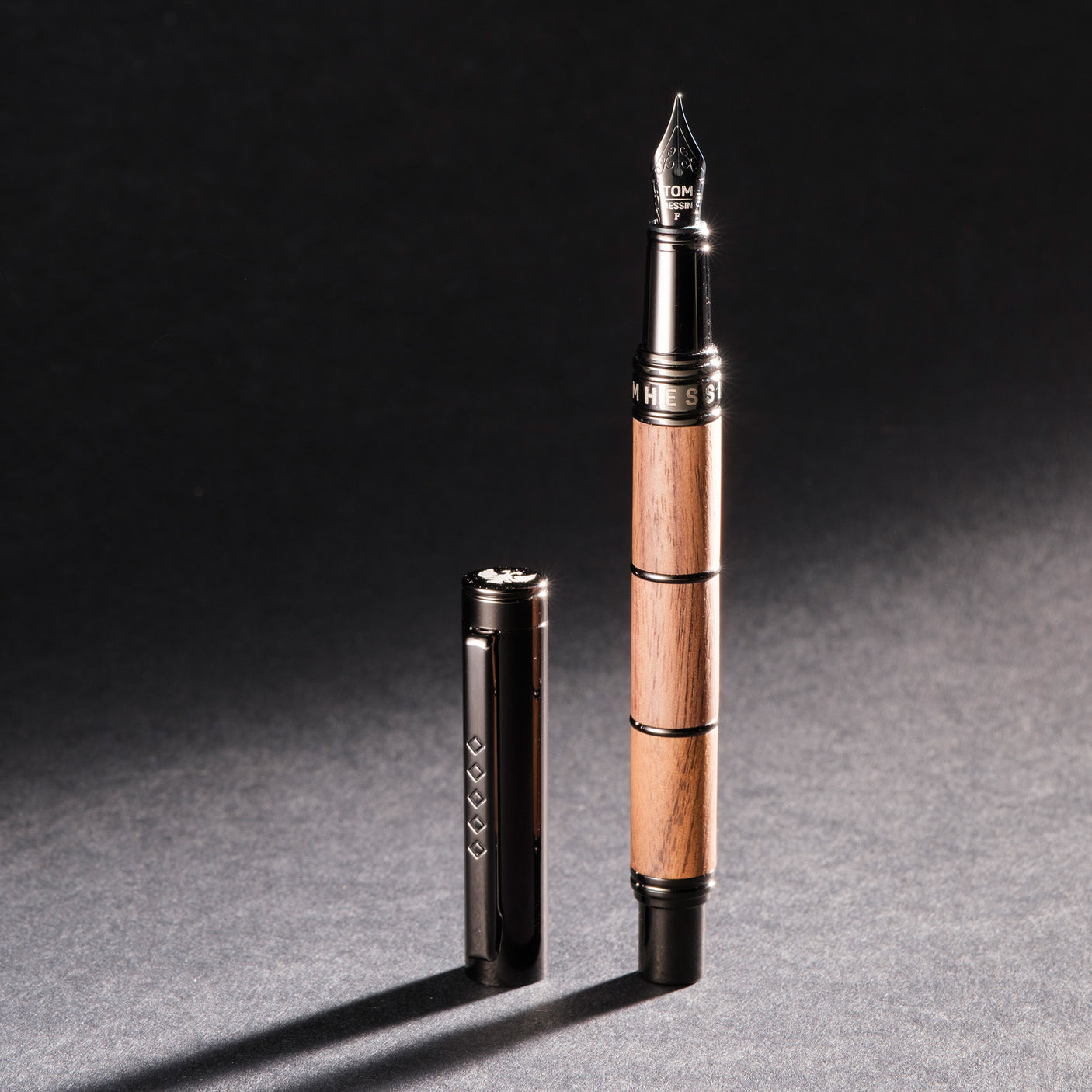 Tom Hessin Revolution Fountain Pen Rustic Wood Barrel with Gunmetal Trim