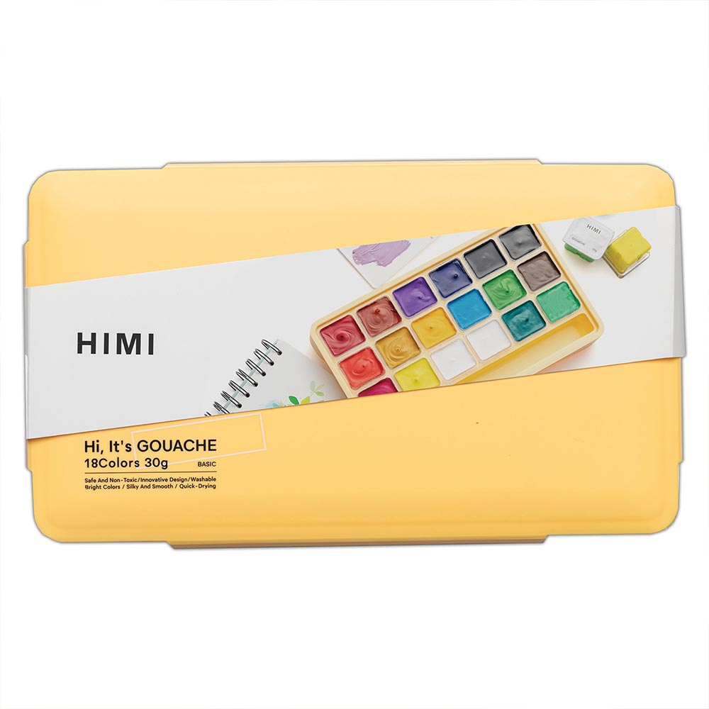HIMI Jelly Cup Gouache Set of 18 Colours + 3 Brushes Yellow Case