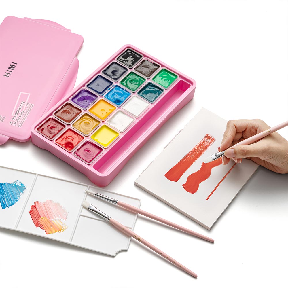 HIMI Jelly Cup Gouache Set of 18 Colours + 3 Brushes Pink Case