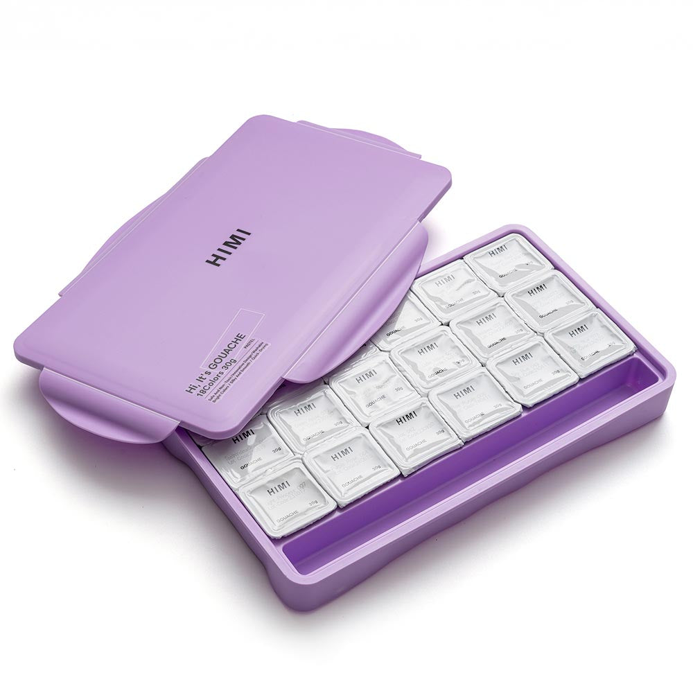 HIMI Jelly Cup Gouache Set of 18 Colours Purple Case Pastel Edition