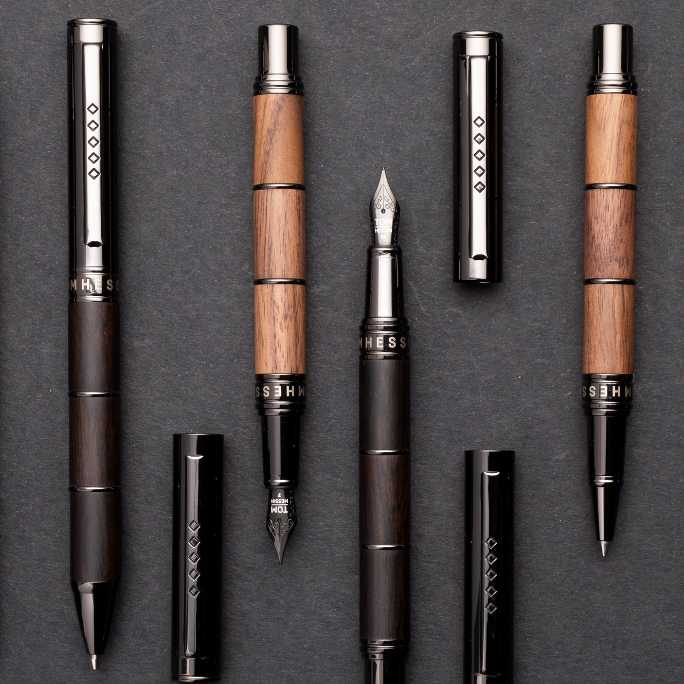 Tom Hessin Revolution Fountain Pen Rustic Wood Barrel with Gunmetal Trim