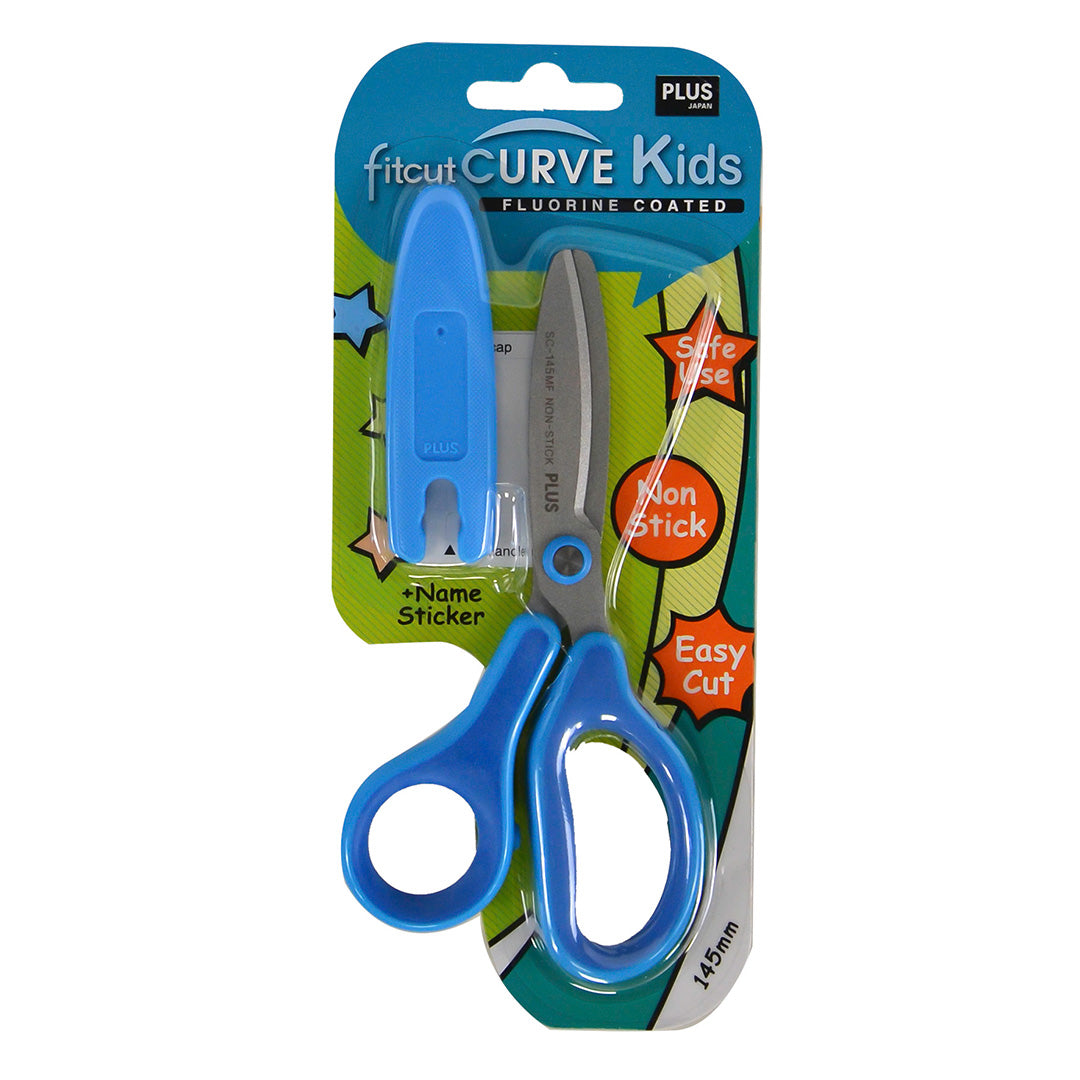 PLUS Curved Kids Scissors Fluorine-Coated Blue