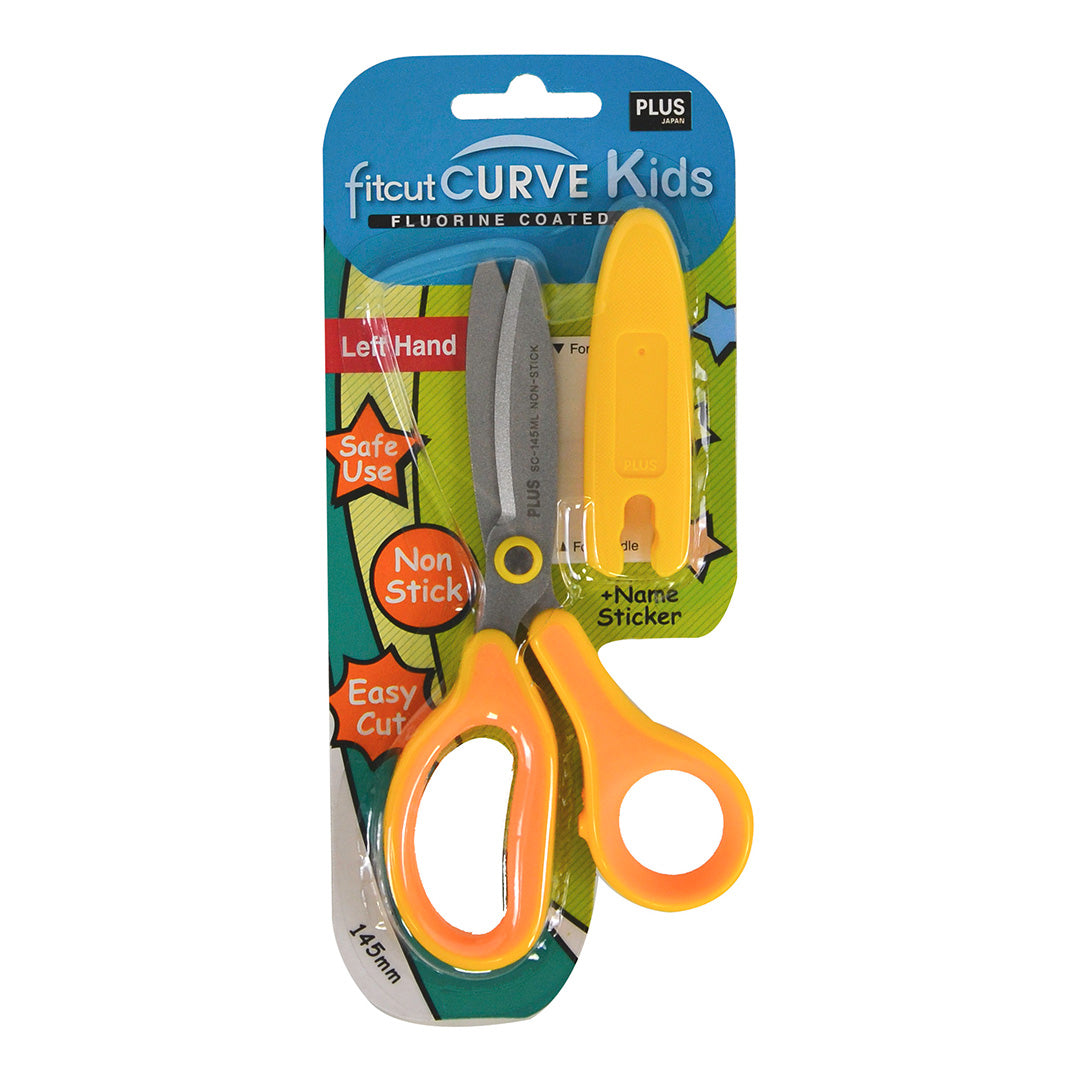 PLUS Curved Kids Scissors Fluorine-Coated Yellow Left Handed