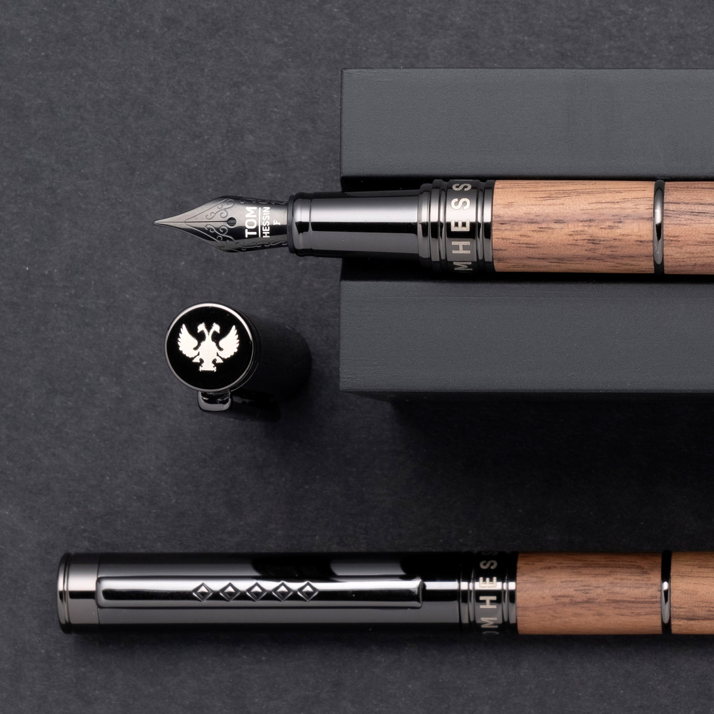 Tom Hessin Revolution Fountain Pen Rustic Wood Barrel with Gunmetal Trim