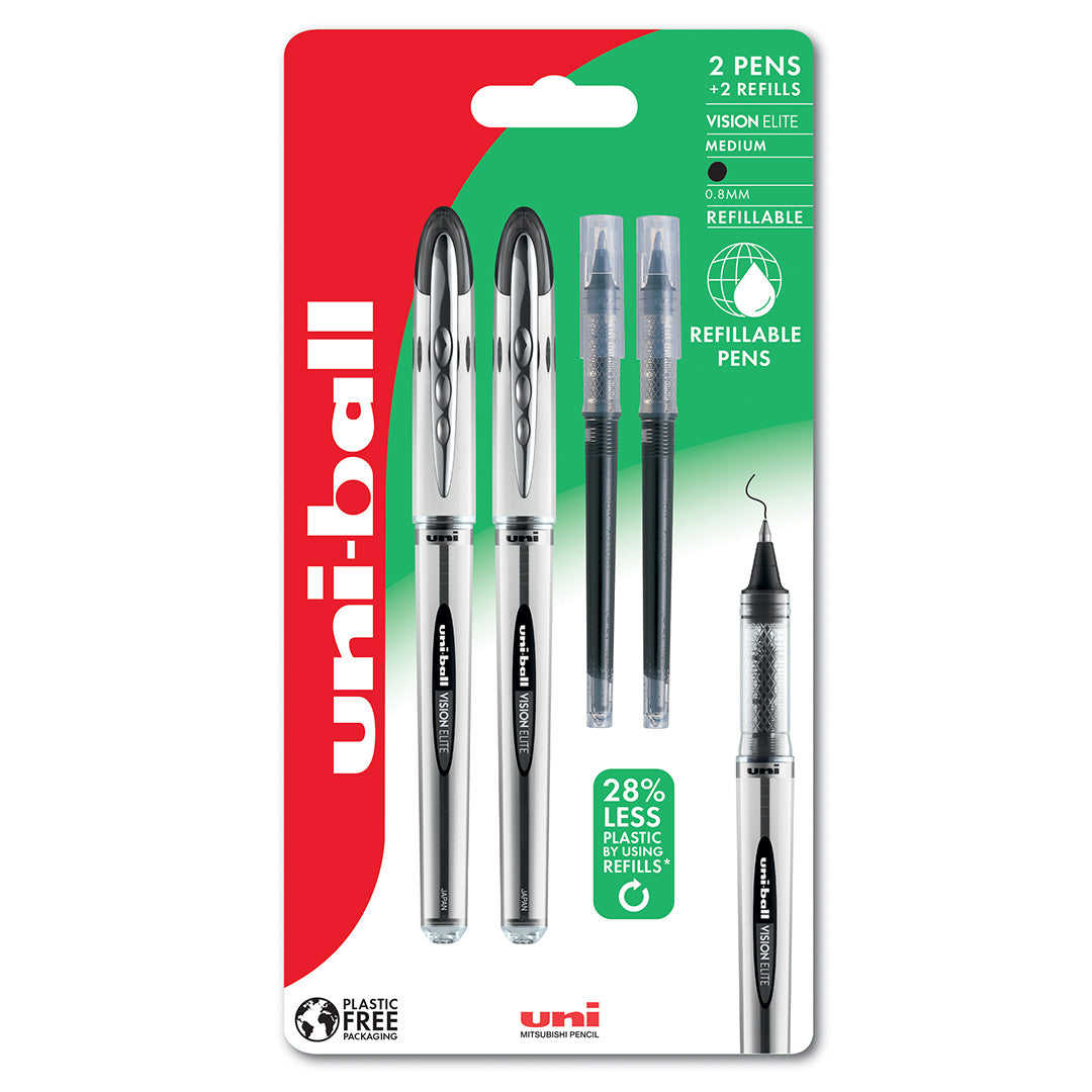 Uni-ball Vision Elite Medium Airplane Safe Rollerball Pen Un-200 Refill Set Black by Uni at Cult Pens