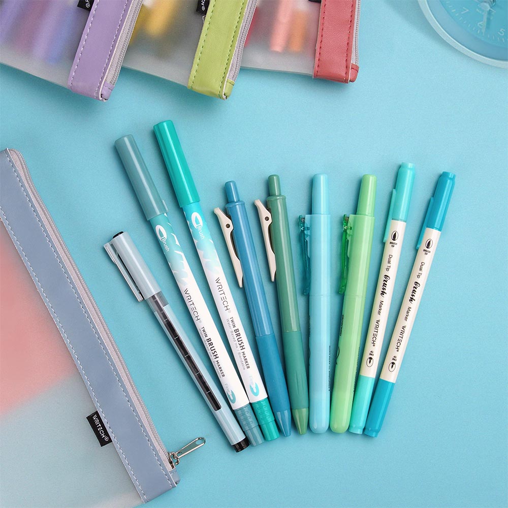 WRITECH 9 Piece Journal Kit with Pencil Case Blue and Green