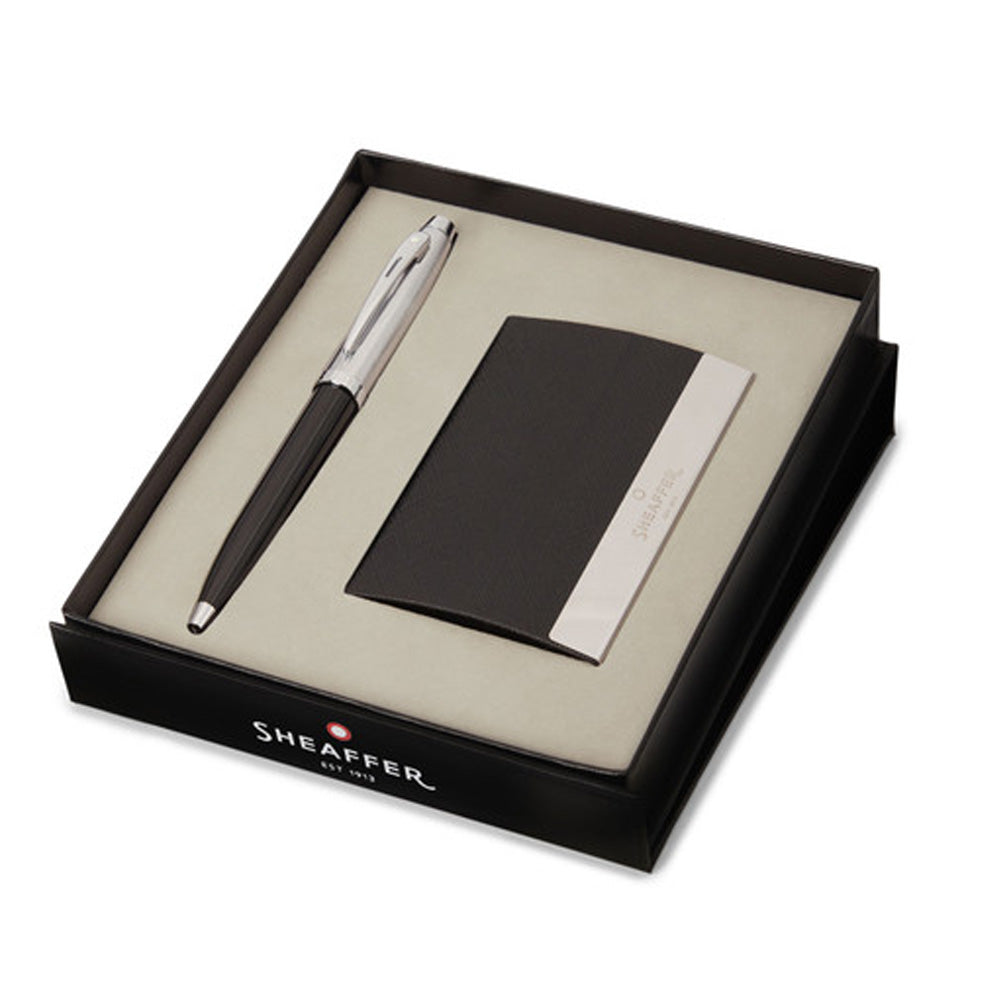 Sheaffer 100 G9313 Ballpoint Pen Glossy Black with Chrome trim and Business Card Holder Set by Sheaffer at Cult Pens